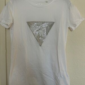 GUESS White Tee with Silver Sequin Triangle Logo